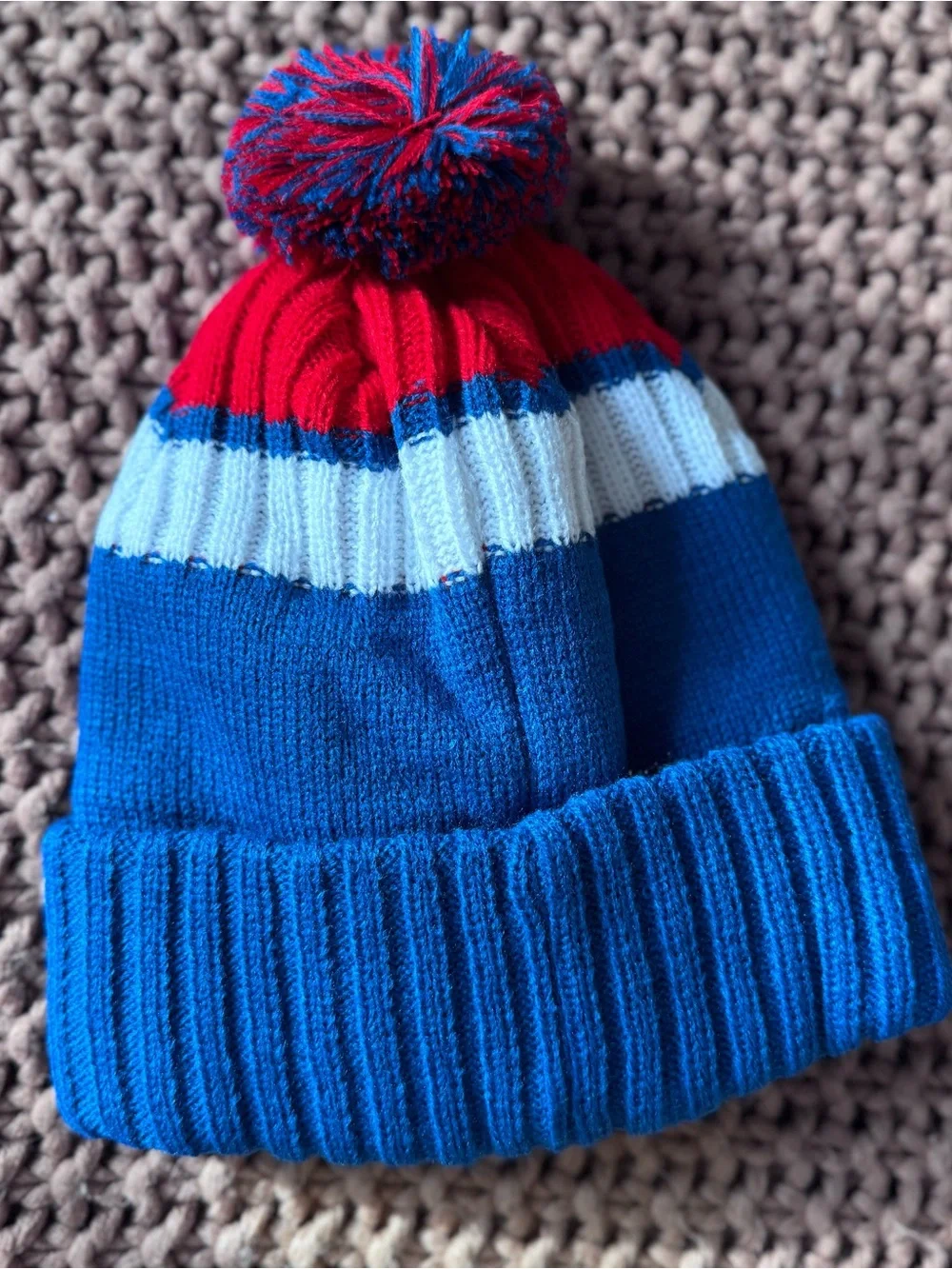 Toronto Knit Pom Beanie Hat Red Blue White Winter Cap